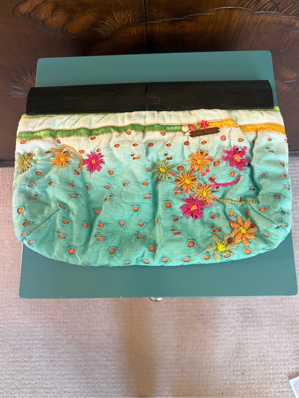 Free People Turquoise Embroidered Clutch with Pink, Orange & Yellow Accents